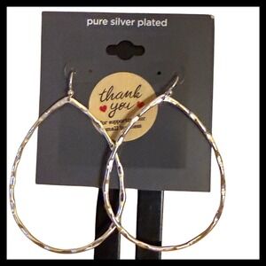Pure Silver Plated Teardrop Hoop Earrings Hammered Textured Large Statement